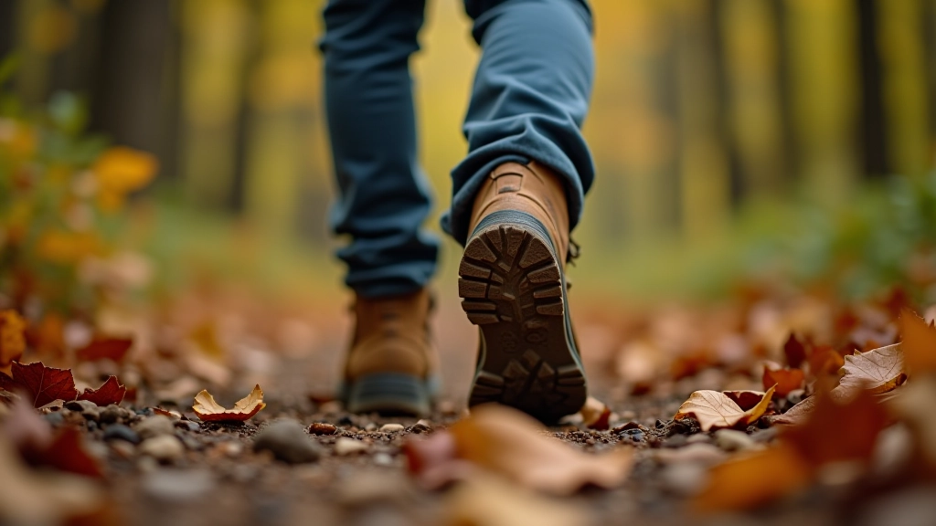 Seniora apavi un rudens lapas uz meža takas, pastaiga malas skats