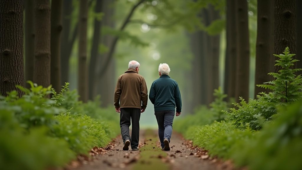 Seniori pastaigā Grīņu dabas rezervātā, skaists meža fons ar ozoliem